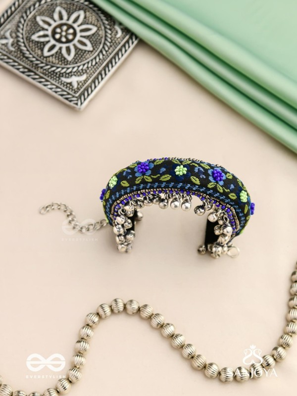 Padmacharini - The Divine Orchids - Resham And Beads Hand Embroidered Oxidised Cuff Bracelet