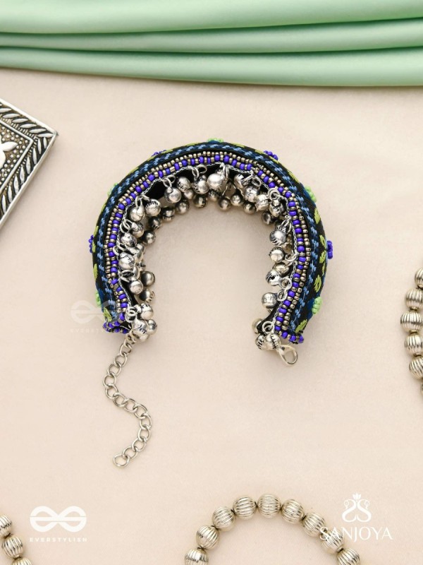 Padmacharini - The Divine Orchids - Resham And Beads Hand Embroidered Oxidised Cuff Bracelet