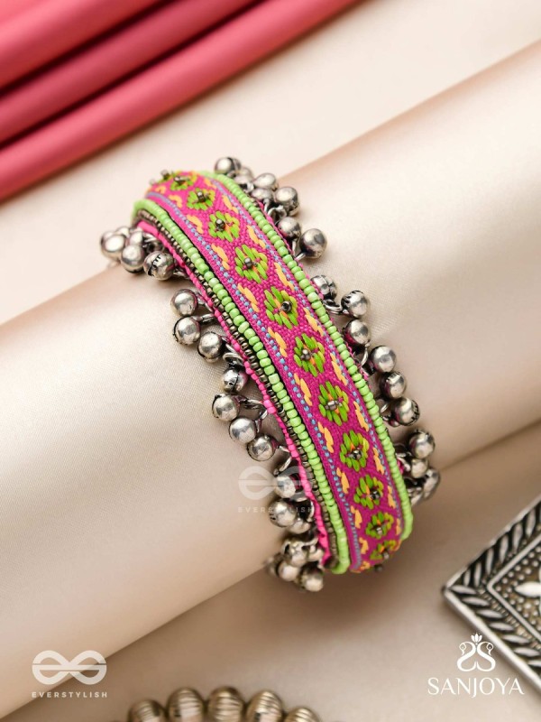 Shinjit - The Pastel Chimes - Resham And Beads Hand Embroidered Oxidised Cuff Bracelet