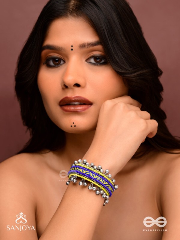 Vidhatrayus - The Sunflower Meadows - Beaded Hand Embroidered Oxidised Cuff Bracelet