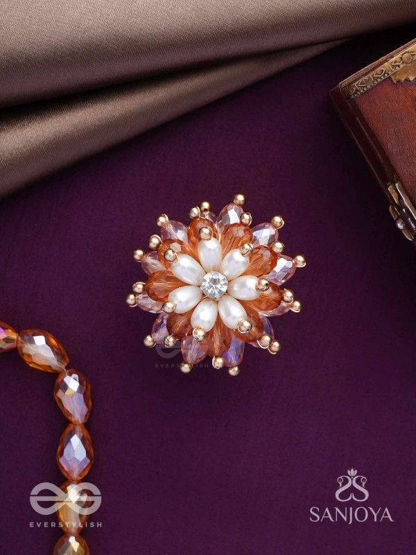 Sharadgat - The Autumn Magic - Beads, Pearl And Glass Drops Hand Embroidered Ring (Adjustable)