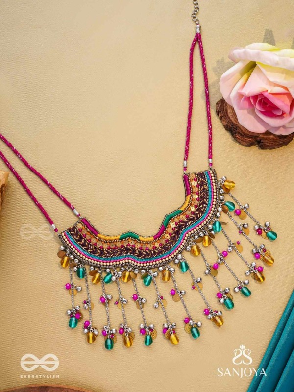 Vadya - The Umber Rhythm - Beads, Coins, Resham And Glass Drops Hand Embroidered Neckpiece