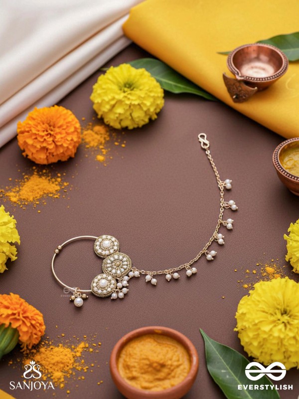 Haimavat - The Pearl Trail - Pearls And Beads Hand Embroidered Nath (Non-Piercing)