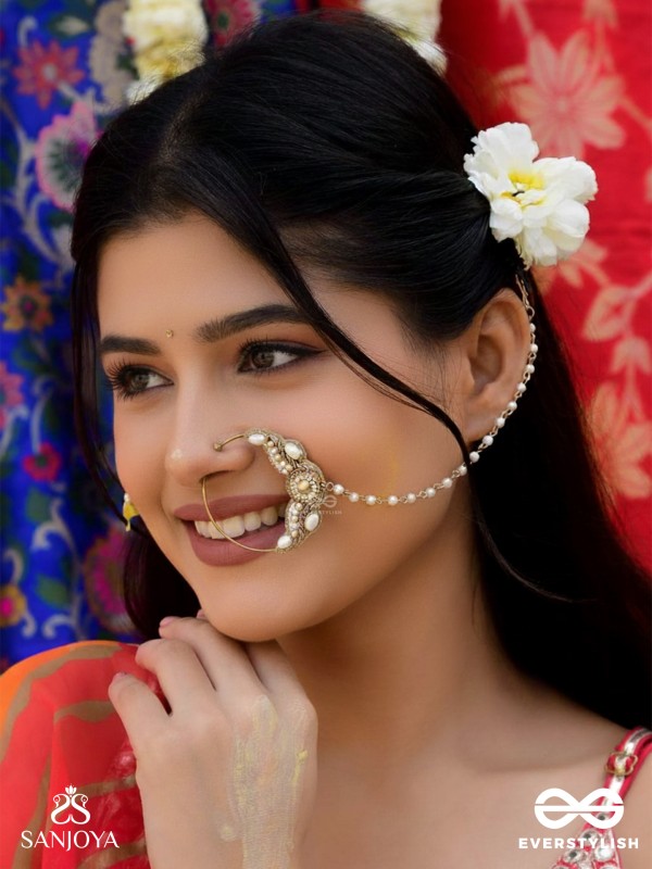 Varchasam - The Treasured Radiance - Pearls, Beads And Dabka Hand Embroidered Nath (Non-Piercing)