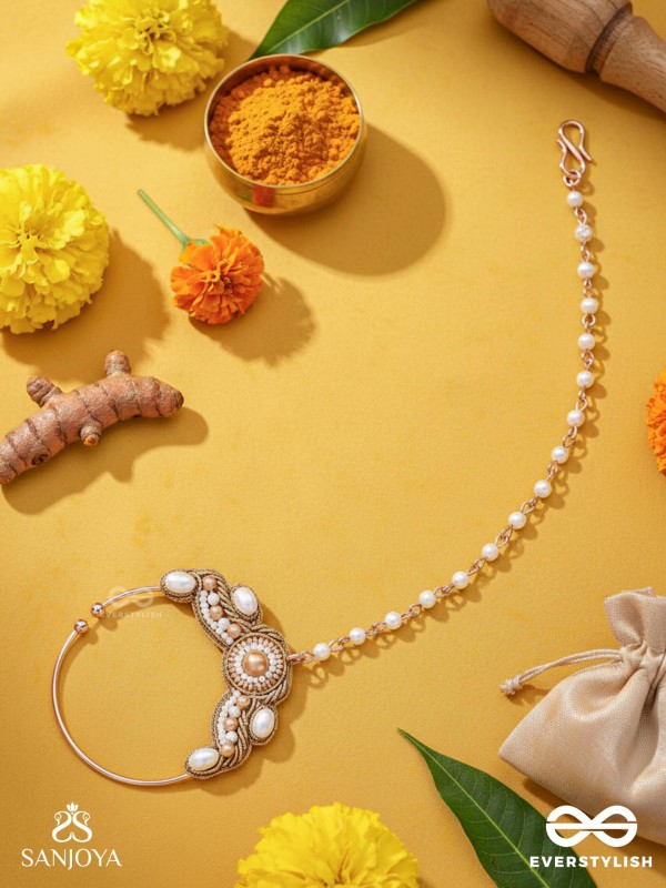 Varchasam - The Treasured Radiance - Pearls, Beads And Dabka Hand Embroidered Nath (Non-Piercing)