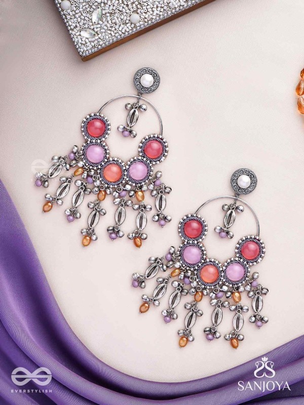Durvarna - The Silvery Chimes - Beads, Shells And Glass Drops Hand Embroidered Earrings