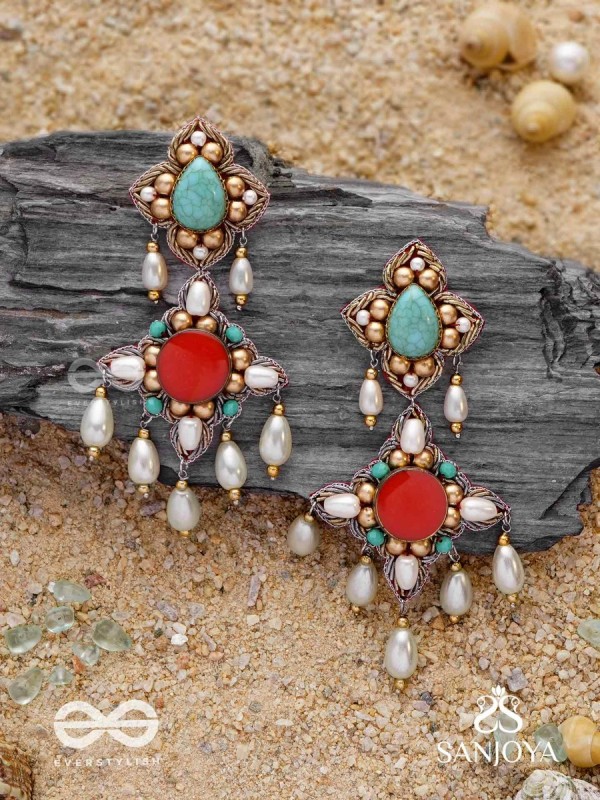 Kusumvat - The Blissful Flowers - Beads, Dabka And Pearl Drops Hand Embroidered Earrings