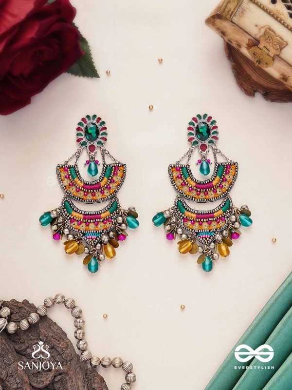 Gramik - The Rustic Royalty - Stone, Resham , Coins And Glass Drops Hand Embroidered Earrings