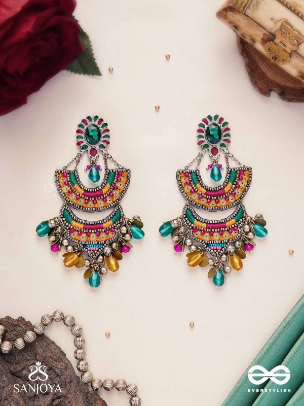 Gramik - The Rustic Royalty - Stone, Resham , Coins And Glass Drops Hand Embroidered Earrings