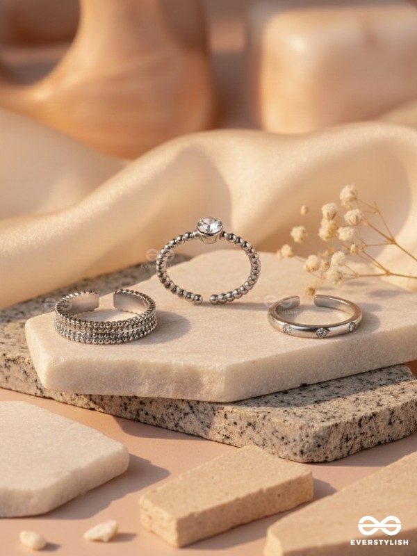 The Sterling Trio - Silver Cubic Zirconia Rings (Set Of 3 Adjustable)