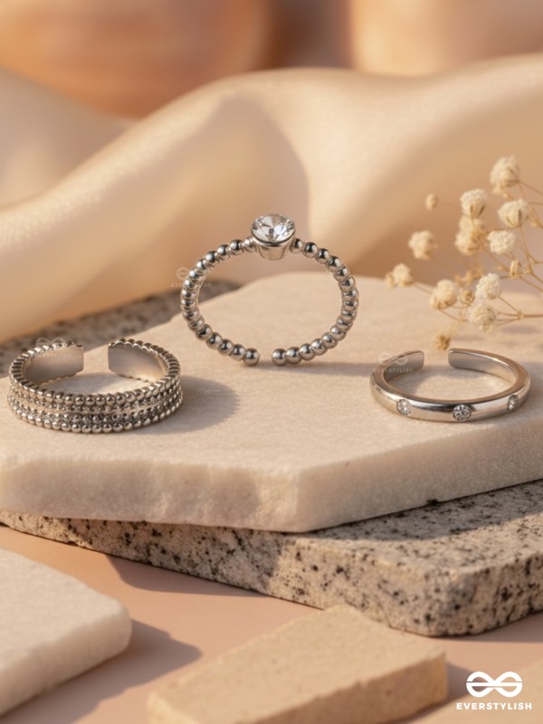 The Sterling Trio - Silver Cubic Zirconia Rings (Set Of 3 Adjustable)