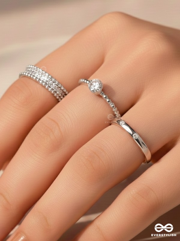 The Sterling Trio - Silver Cubic Zirconia Rings (Set Of 3 Adjustable)