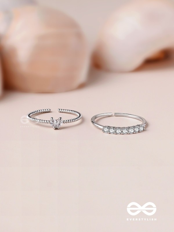The Diamond Beauty - Silver Cubic Zirconia Rings (Set Of 2 Adjustable)