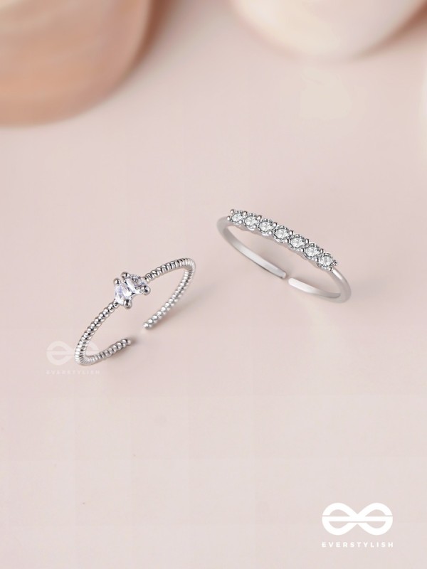 The Diamond Beauty - Silver Cubic Zirconia Rings (Set Of 2 Adjustable)