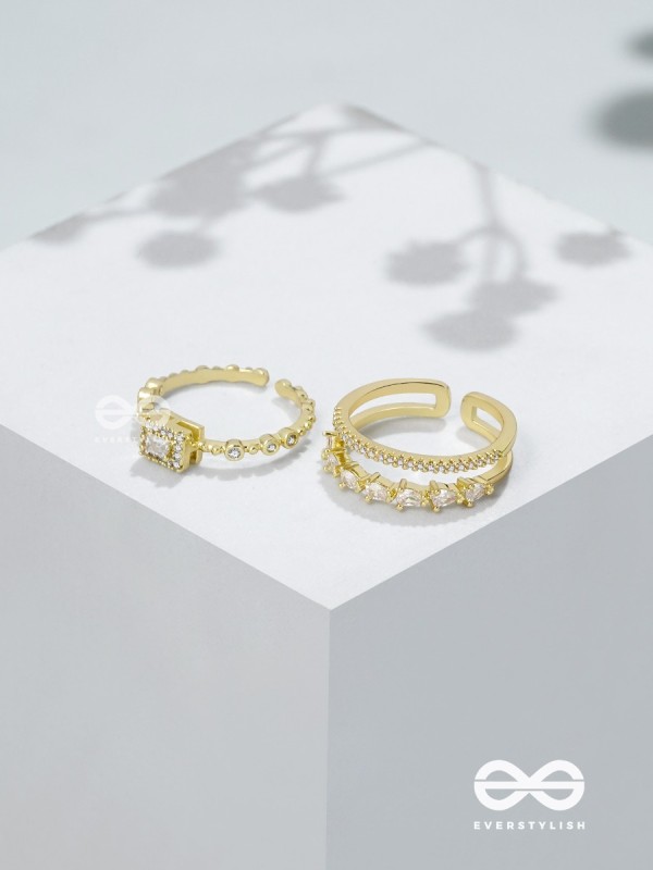 The Diamond Dreams - Golden Cubic Zirconia Rings (Set Of 2 Adjustable)