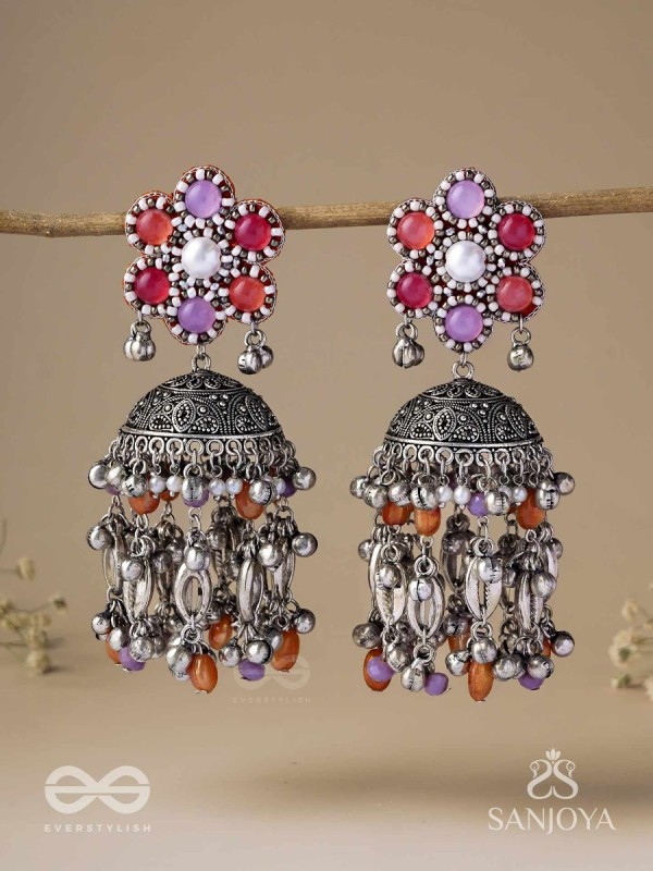 Punyodyan - The Shell Shalimar - Beads, Shells And Glass Drops Hand Embroidered Oxidised Jhumka Earrings
