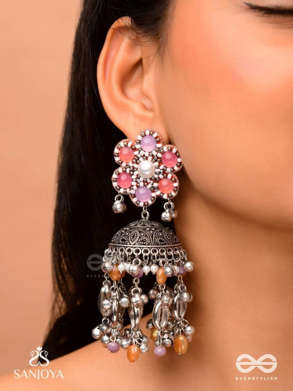 Punyodyan - The Shell Shalimar - Beads, Shells And Glass Drops Hand Embroidered Oxidised Jhumka Earrings