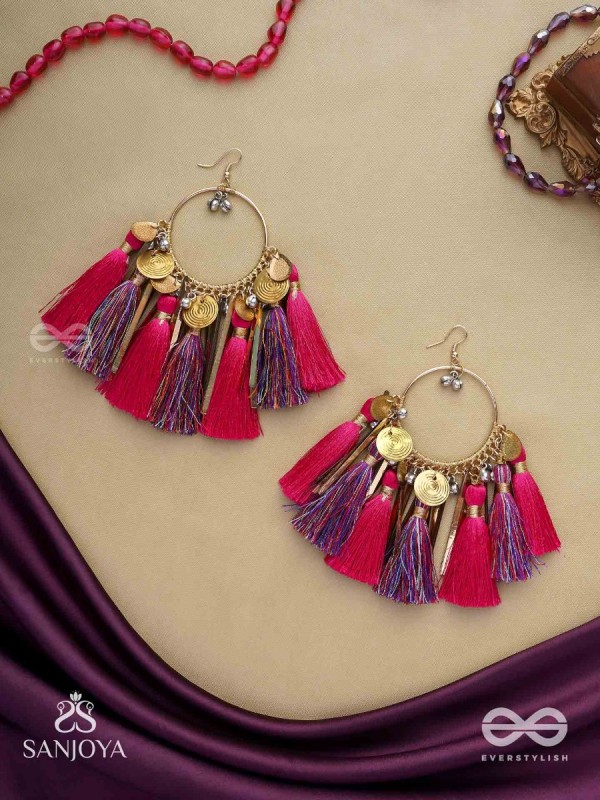 Aruniman - The Scarlet Melody - Resham, Coins And Beads Hand Embroidered Oxidised Hoop Earrings