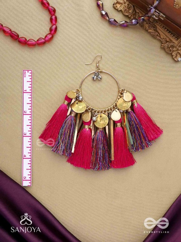 Aruniman - The Scarlet Melody - Resham, Coins And Beads Hand Embroidered Oxidised Hoop Earrings