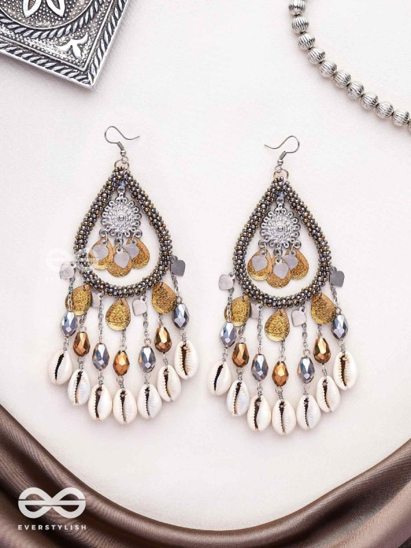 The Singing Shore - Shells, Beads And Glass Drops Hand Embroidered Oxidised Earrings