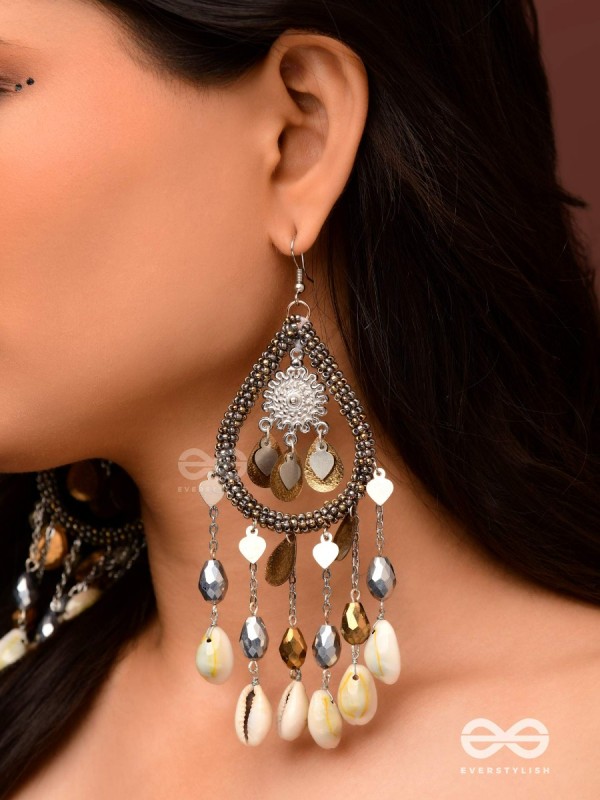 The Singing Shore - Shells, Beads And Glass Drops Hand Embroidered Oxidised Earrings