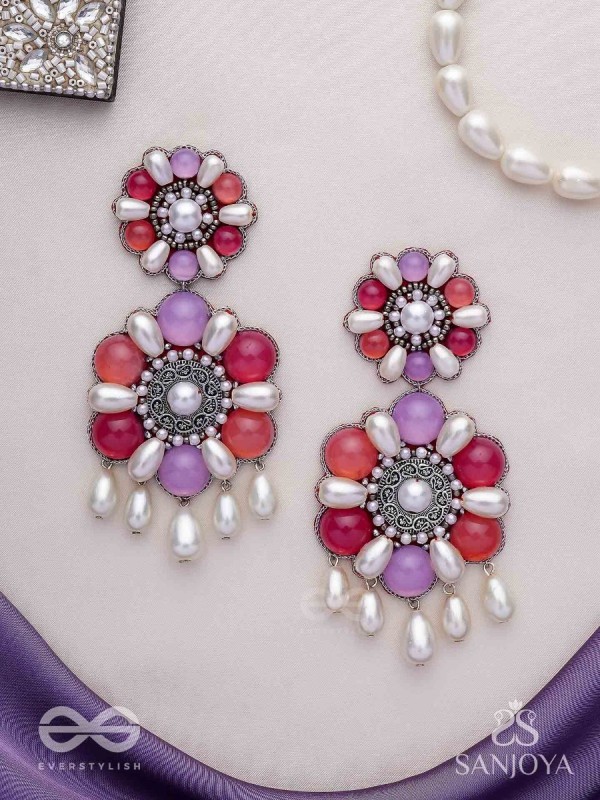 Laagnritt - Waltz Of The Flowers - Beads And Pearl Drops Hand Embroidered Oxidised Earrings