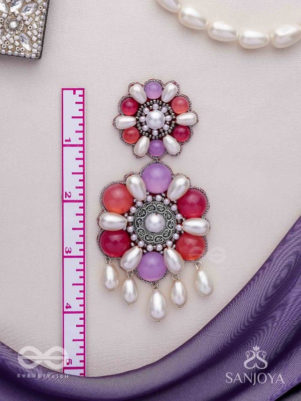 Laagnritt - Waltz Of The Flowers - Beads And Pearl Drops Hand Embroidered Oxidised Earrings