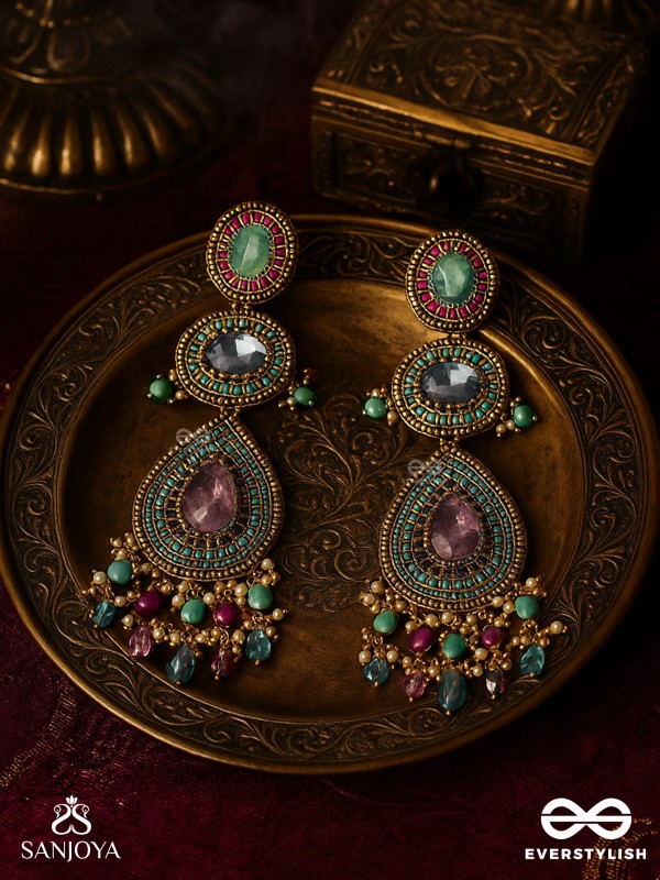 Adhirajani - The Night Stories - Stones, Beads And Glass Drops Hand Embroidered Earrings