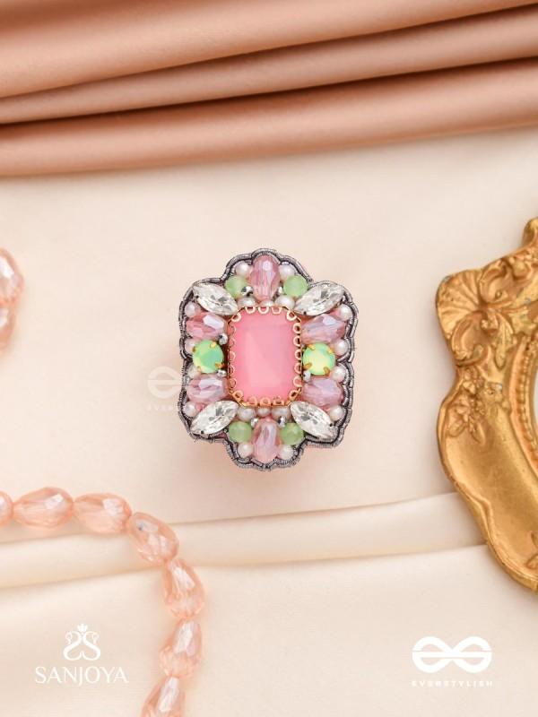 SUKRATMANI –WELL-CRAFTED GEM –HAND EMBROIDERED PINK RING EMBELLISHED WITH STONES AND PEARLS