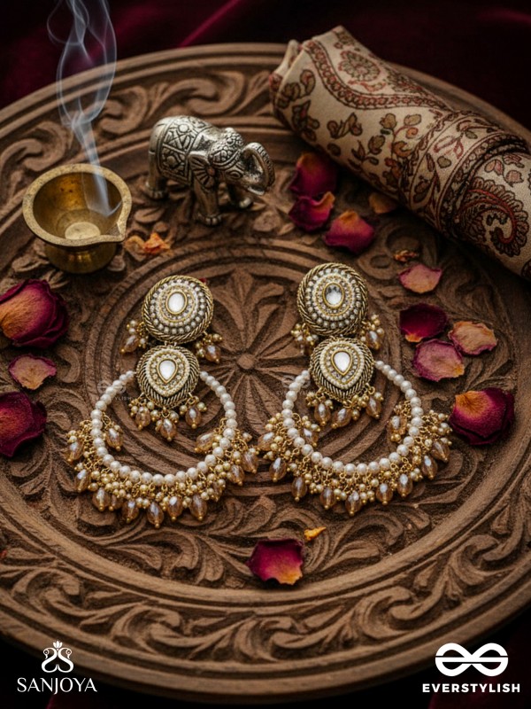 Suvarnkantika – Golden radiance – Gold toned, Kundan embellished earrings with pearl and bead danglers
