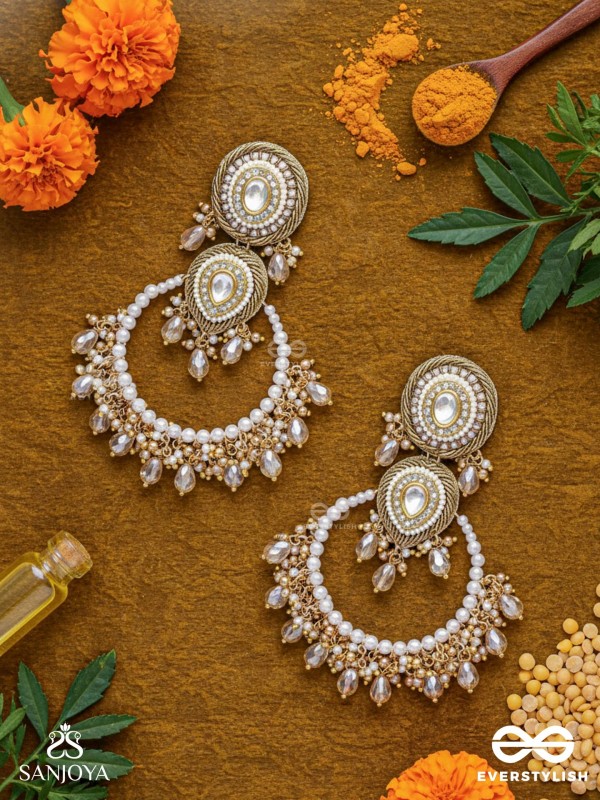 Suvarnkantika – Golden radiance – Gold toned, Kundan embellished earrings with pearl and bead danglers