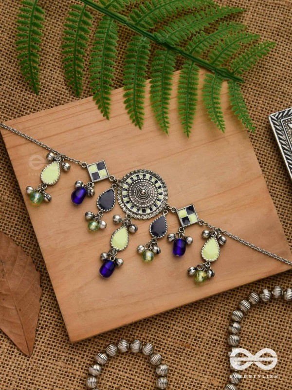 The Blue Stone - Embellished silver oxidized geometrical motif necklace