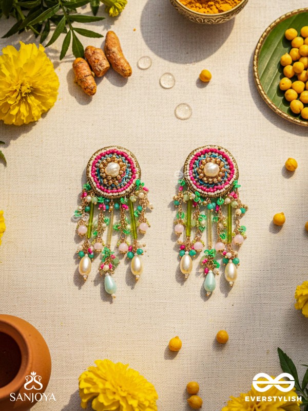 MANJUSUMANA - BEAUTIFUL BLOSSOM - HAND EMBROIDERED COLOURFUL EARRINGS WITH CIRCULAR MOTIF EMBELLISHED WITH BEADS AND DECORATIVE FRINGES