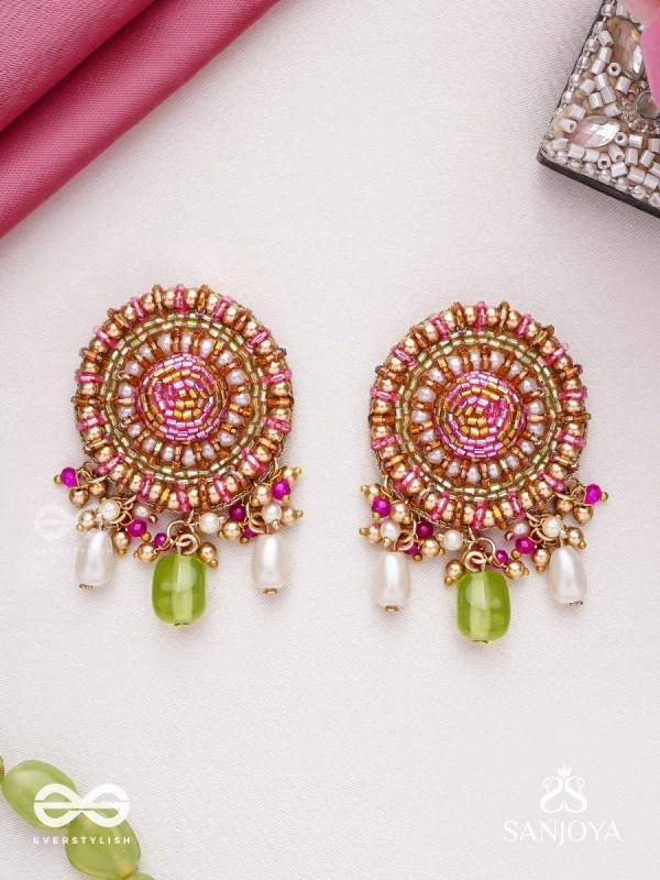 Māṇikyamāṇḍala- Gem Mandala-Circular motifs embellished with pink and golden accents, beads, and stones