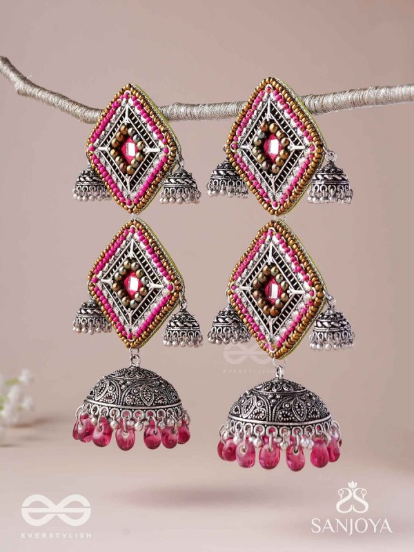 VISHRUTA-CELEBRATED ELEGANCE-STATEMENT OXIDISED JHUMKAS WITH MIRROR, BEADS AND THREAD WORK