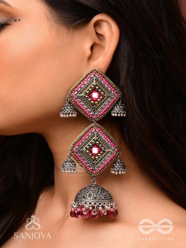 VISHRUTA-CELEBRATED ELEGANCE-STATEMENT OXIDISED JHUMKAS WITH MIRROR, BEADS AND THREAD WORK