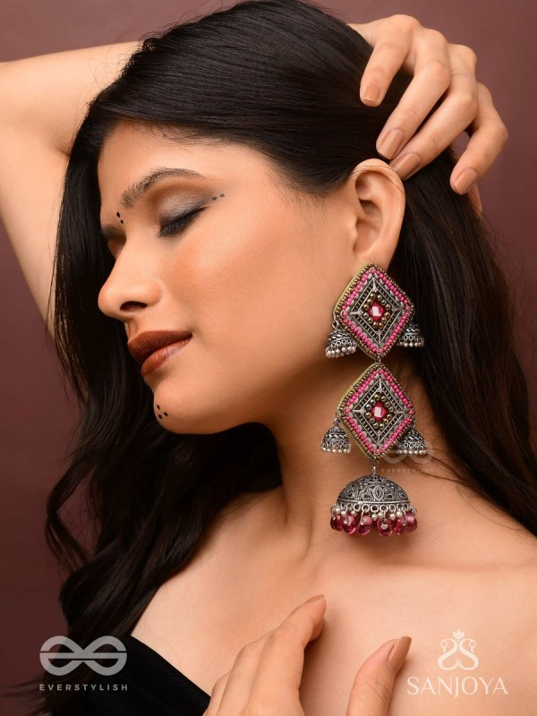VISHRUTA-CELEBRATED ELEGANCE-STATEMENT OXIDISED JHUMKAS WITH MIRROR, BEADS AND THREAD WORK