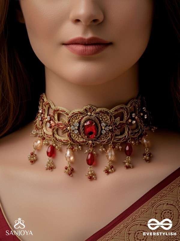 Ratnavati Hara- Adorned with Gemstones- Embroidered Gemstone Neckpiece with Beads & Thread work