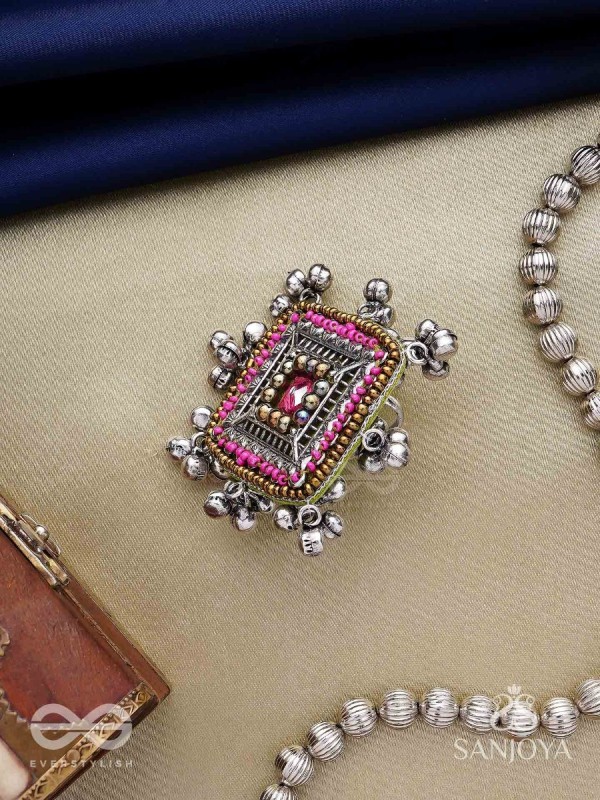 Chaturmukhi-Four-Faced- Oxidized embroidered ring features ghunghroo, beads & mirror. 