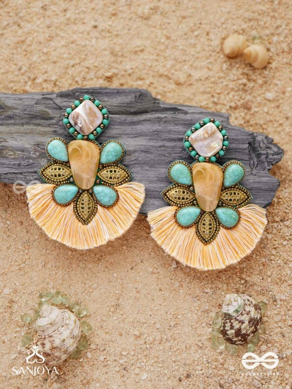 Kāñcīśikha-Tassel Glow Earrings-Blend of gemstones,beads and bohemian macramé fringes for a free-spirited look.
