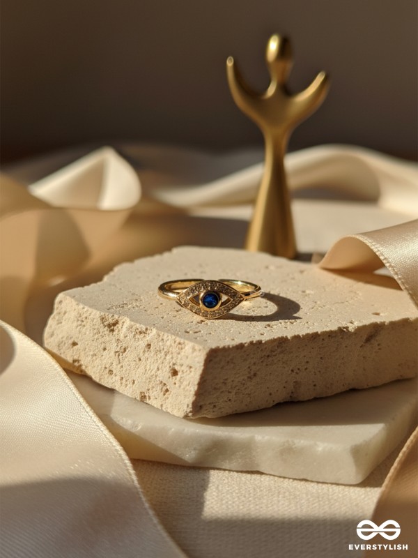 MYSTIC EVIL EYE - 18K GOLD PLATED ANTI-TARNISH STATEMENT BLUE STONE RING INLAID WITH CUBIC ZICRONIA STONES