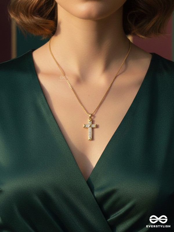 HOLY CROSS - 18K GOLD PLATED ANTI-TARNISH STATEMENT CHRIST'S CROSS NECKLACE INLAID WITH CUBIC ZICRONIA STONES
