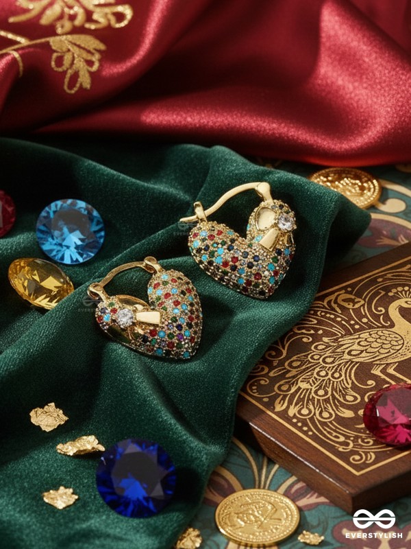 TWILIGHT AMOUR - HEART SHAPED SHINY 18K GOLD PLATED ANTI-TARNISH STATEMENT EARRINGS  WITH CUBIC ZICRONIA STONES