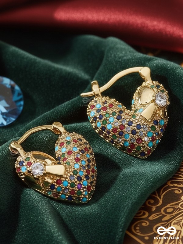 TWILIGHT AMOUR - HEART SHAPED SHINY 18K GOLD PLATED ANTI-TARNISH STATEMENT EARRINGS  WITH CUBIC ZICRONIA STONES