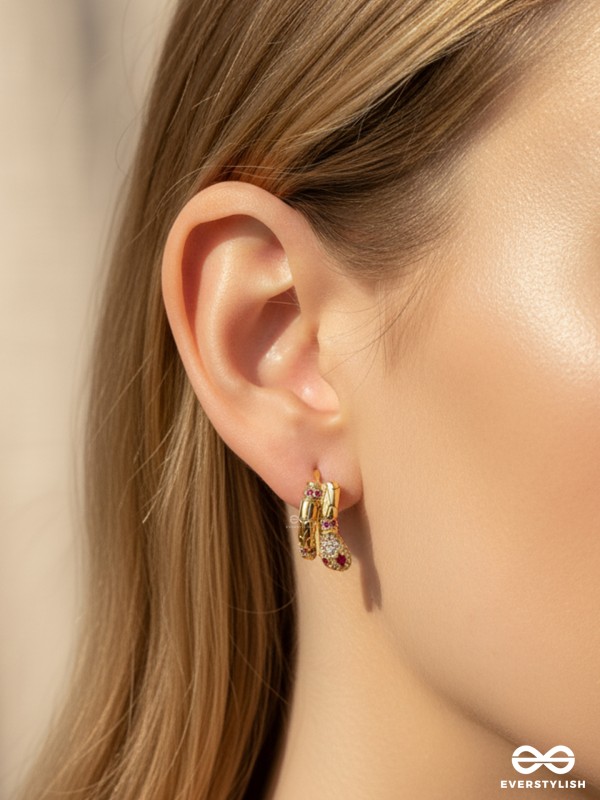 CRIMSON SERPENT - 18K GOLD PLATED ANTI-TARNISH STATEMENT GOLDEN SNAKE SHAPED EARRINGS INLAID WITH CUBIC ZICRONIA STONES