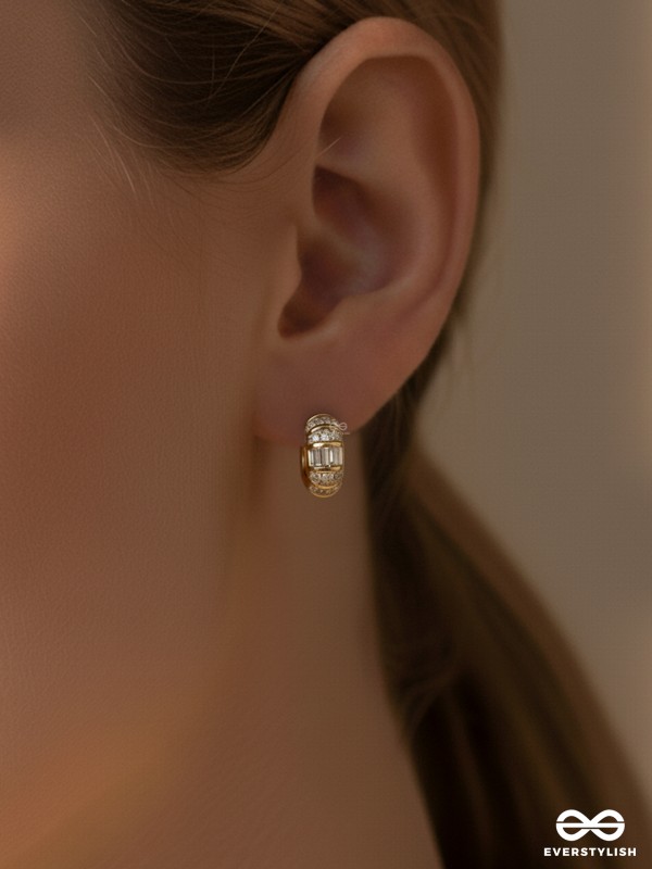 GLEAMING BAND - 18K GOLD PLATED ANTI-TARNISH CLASSY HOOPS EARRINGS INLAID WITH CUBIC ZICRONIA STONES
