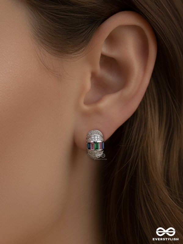 GLEAMING BAND - SILVER PLATED ANTI-TARNISH BOLD HOOPS EARRINGS INLAID WITH CUBIC ZICRONIA STONES