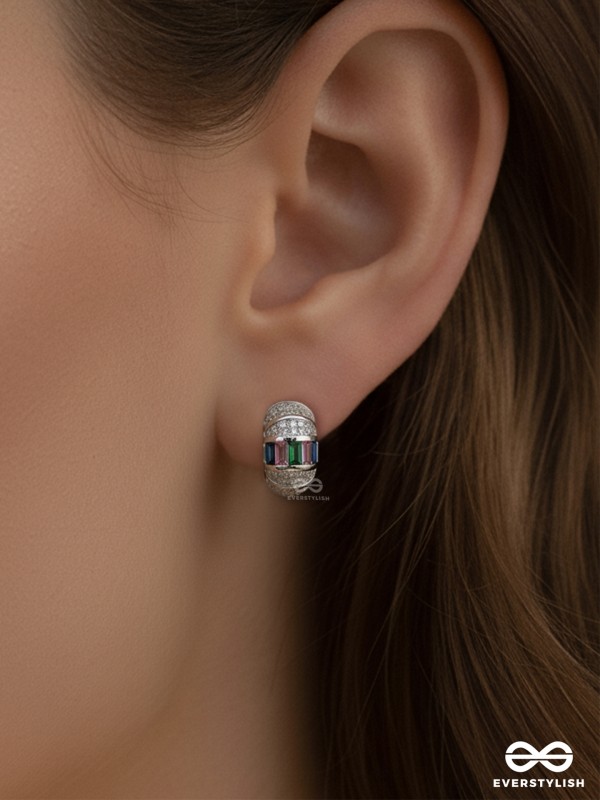 GLEAMING BAND - SILVER PLATED ANTI-TARNISH BOLD HOOPS EARRINGS INLAID WITH CUBIC ZICRONIA STONES