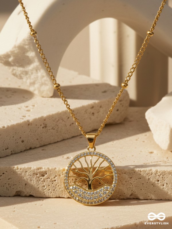 TREE OF WISDOM - 18K GOLD PLATED ANTI-TARNISH NECKPIECE INLAID WITH CUBIC ZICRONIA STONES 
