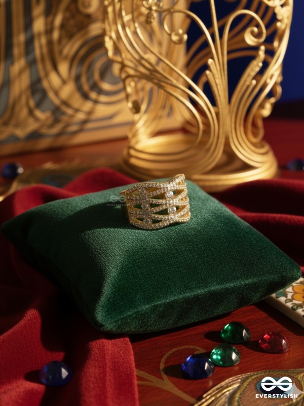 GLARING MAGNIFICENCE - 18K GOLD PLATED ANTI-TARNISH RING INLAID WITH CUBIC ZICRONIA STONES 